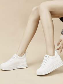 Letter Graphic Lace-up Front Wedge Sneakers - White - View 2