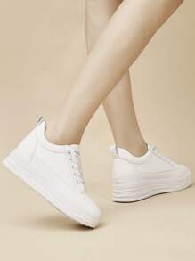 Letter Graphic Lace-up Front Wedge Sneakers - White - View 4