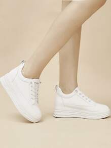 Letter Graphic Lace-up Front Wedge Sneakers - White - View 5