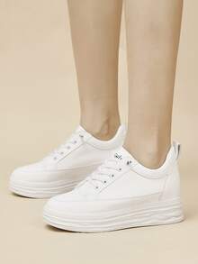 Letter Graphic Lace-up Front Wedge Sneakers - White - View 7