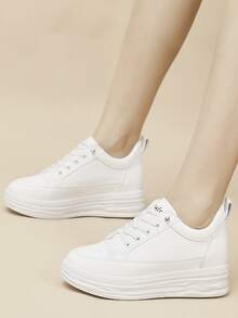 Letter Graphic Lace-up Front Wedge Sneakers - White - View 8