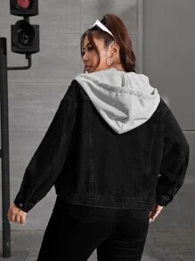 SHEIN EZwear Jeansjacke mit Drop Shoulder Tunnelzug, Kapuze - Schwarz - Übersicht 2
