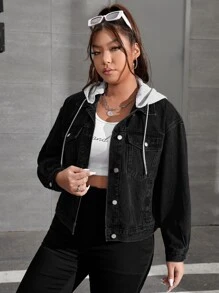 SHEIN EZwear Jeansjacke mit Drop Shoulder Tunnelzug, Kapuze - Schwarz - Übersicht 3