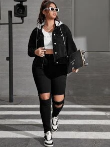 SHEIN EZwear Jeansjacke mit Drop Shoulder Tunnelzug, Kapuze - Schwarz - Übersicht 4