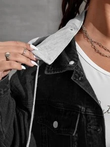 SHEIN EZwear Jeansjacke mit Drop Shoulder Tunnelzug, Kapuze - Schwarz - Übersicht 5