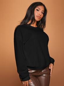 SHEIN SXY Drop Shoulder Solid Pullover - Black - View 3