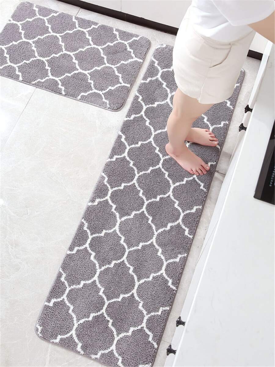 2 chiếc Bộ thảm nhà bếp bằng sợi siêu mịn, Thảm chống trượt màu xám Ma-rốc cho lối vào ban công, thấm hút và chống trượt - Xám - Xem 1
