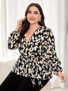 SHEIN Clasi Plus Allover Print Lantern Sleeve Belted Blouse - Multicolor - View 4