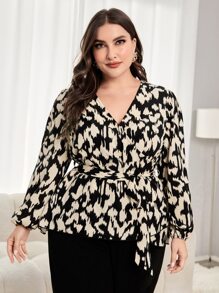 SHEIN Clasi Plus Allover Print Lantern Sleeve Belted Blouse - Multicolor - View 1
