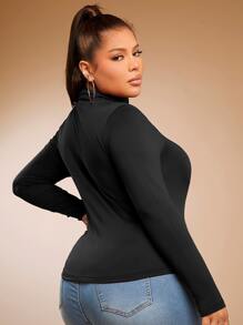 SHEIN SXY 加大码高领纯色 T 恤基本款紧身长袖情人节服装性感服装俱乐部成人情人节服装 - 黑色 - 查看 2