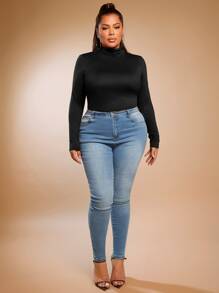 SHEIN SXY 加大码高领纯色 T 恤基本款紧身长袖情人节服装性感服装俱乐部成人情人节服装 - 黑色 - 查看 3