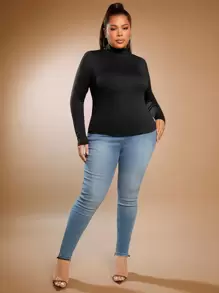 SHEIN SXY 加大码高领纯色 T 恤基本款紧身长袖情人节服装性感服装俱乐部成人情人节服装 - 黑色 - 查看 4