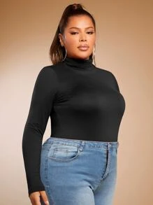 SHEIN SXY 加大码高领纯色 T 恤基本款紧身长袖情人节服装性感服装俱乐部成人情人节服装 - 黑色 - 查看 5