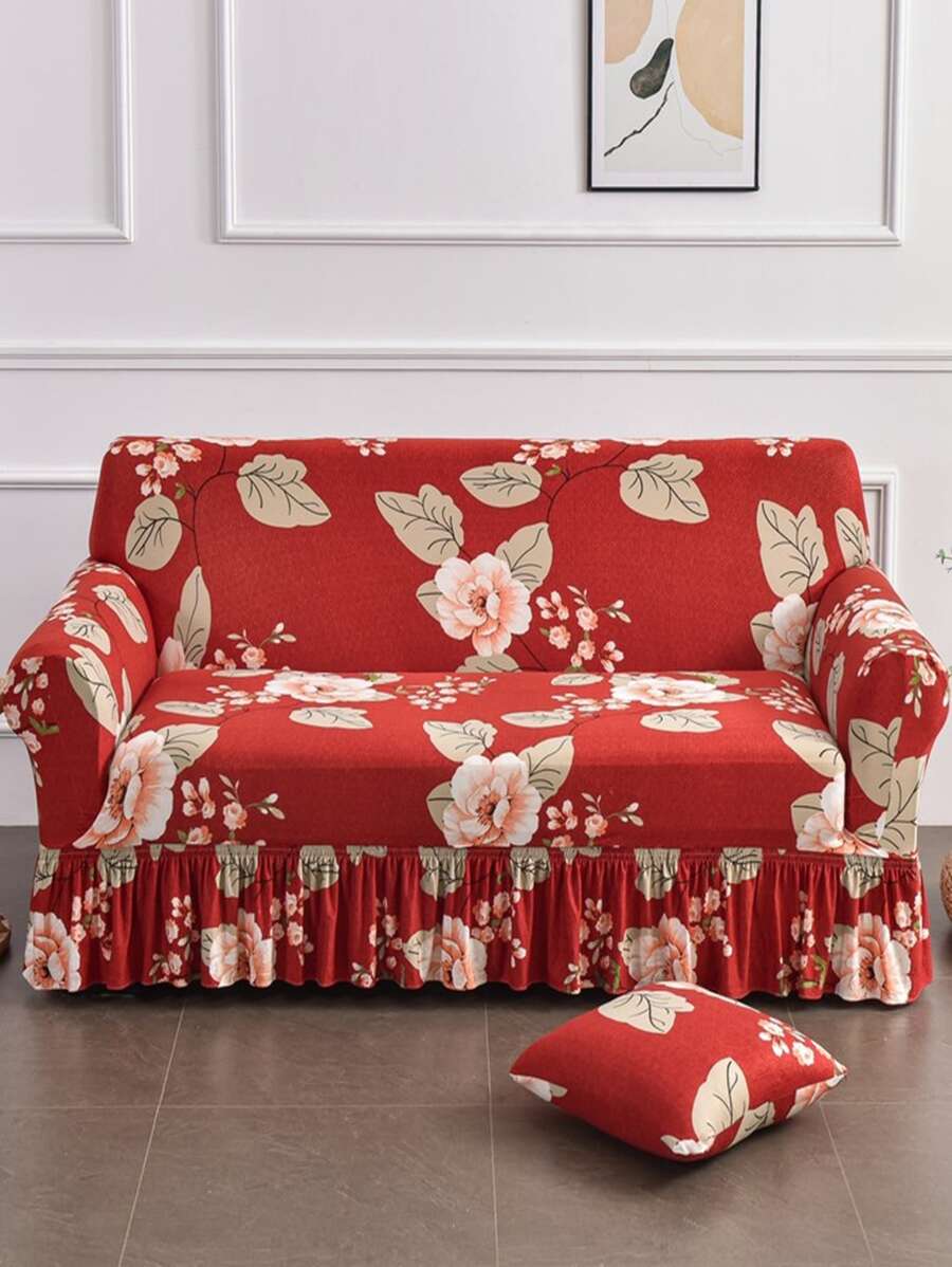 1入組花卉圖案荷葉邊有彈性沙發套 - 彩色 - 查看 1
