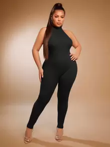 SHEIN SXY Plus Ribbed Knit Unitard Jumpsuit - Black - View 1