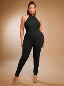 SHEIN SXY Plus Ribbed Knit Unitard Jumpsuit - Black - View 3