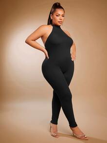 SHEIN SXY Plus Ribbed Knit Unitard Jumpsuit - Black - View 4