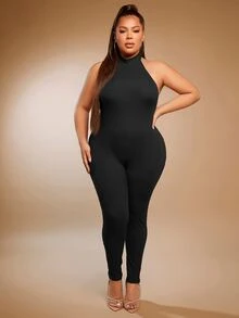 SHEIN SXY Plus Ribbed Knit Unitard Jumpsuit - Black - View 5