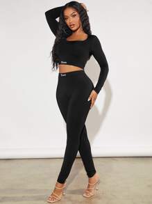 SHEIN SXY Letter Graphic Crop Tee & Leggings - Black - View 1