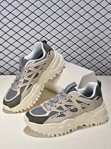 Men Letter Graphic Lace-up Front Chunky Sneakers - Beige - View 1
