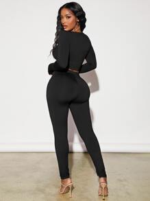 SHEIN SXY Letter Graphic Crop Tee & Leggings - Black - View 2