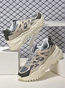 Men Letter Graphic Lace-up Front Chunky Sneakers - Beige - View 2