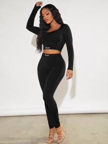 SHEIN SXY Letter Graphic Crop Tee & Leggings - Black - View 4