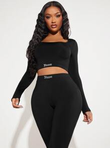 SHEIN SXY Letter Graphic Crop Tee & Leggings - Black - View 5