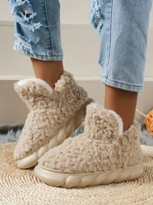 極簡風格毛茸茸一腳蹬拖鞋靴 - 卡其色 - 查看 2