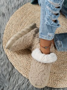 極簡風格毛茸茸一腳蹬拖鞋靴 - 卡其色 - 查看 4