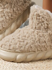 極簡風格毛茸茸一腳蹬拖鞋靴 - 卡其色 - 查看 6