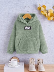 SHEIN Toddler Girls Letter Patched Detail Kangaroo Pocket Teddy Hoodie - Mint Green - View 1