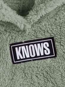 SHEIN Toddler Girls Letter Patched Detail Kangaroo Pocket Teddy Hoodie - Mint Green - View 3