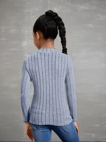 SHEIN 適合青少女穿著的純色長袖高領肋編針織T恤 - 霧霾藍 - 查看 2