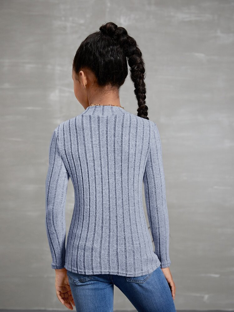 Tween Girl Solid Color Long Sleeve Turtleneck Ribbed Knit T-Shirt