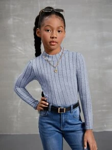 SHEIN 適合青少女穿著的純色長袖高領肋編針織T恤 - 霧霾藍 - 查看 5