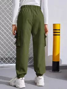 SHEIN 少女實色束腰翻蓋口袋工裝褲帶袖口