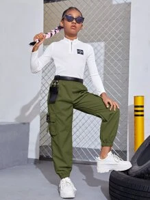 SHEIN 少女實色束腰翻蓋口袋工裝褲帶袖口