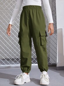 SHEIN 少女實色束腰翻蓋口袋工裝褲帶袖口