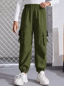 SHEIN 少女實色束腰翻蓋口袋工裝褲帶袖口