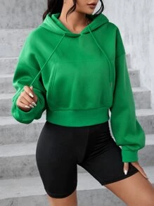 SHEIN EZwear Kangaroo Pocket Drop Shoulder Drawstring Thermal Lined Hoodie - Green - View 3