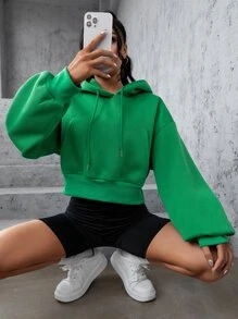 SHEIN EZwear Kangaroo Pocket Drop Shoulder Drawstring Thermal Lined Hoodie - Green - View 4