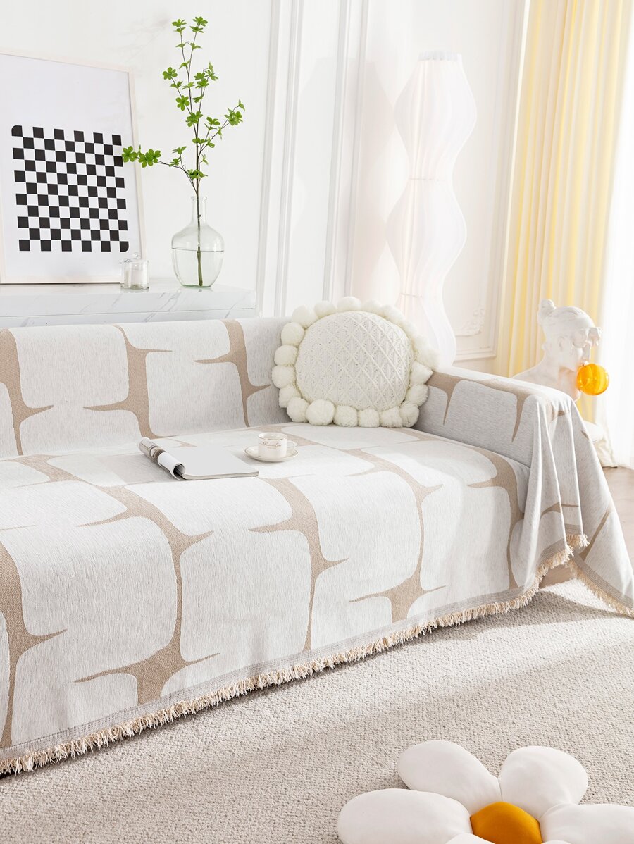 1pc Geometric Pattern Fringe Trim Sofa Towel - Multicolor - View 1