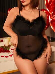 Plus Fuzzy Trim Mesh Overlay Cami Bodysuit Without Lingerie - Black - View 1