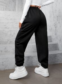SHEIN EZwear Quần nỉ lót nhiệt dáng rộng thùng thình chữ V chéo cạp cao đơn giản cho nữ - màu đen - Xem 2
