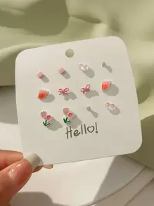 6對花和蝴蝶結設計耳釘 - 粉色 - 查看 1