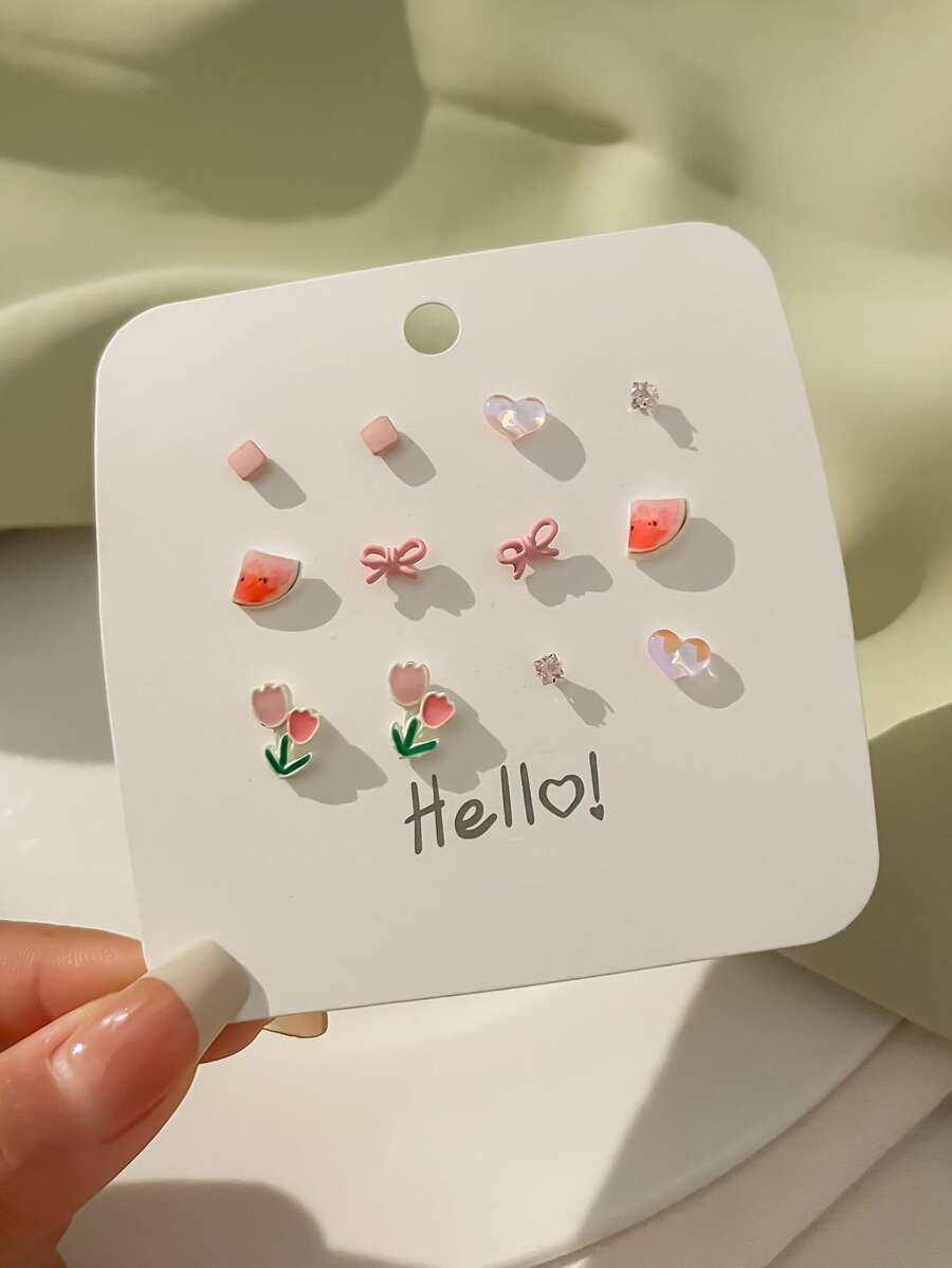 6對花和蝴蝶結設計耳釘 - 粉色 - 查看 1