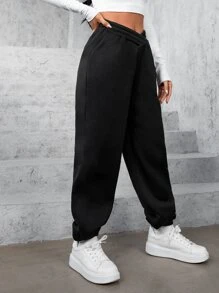 SHEIN EZwear Quần nỉ lót nhiệt dáng rộng thùng thình chữ V chéo cạp cao đơn giản cho nữ - màu đen - Xem 6