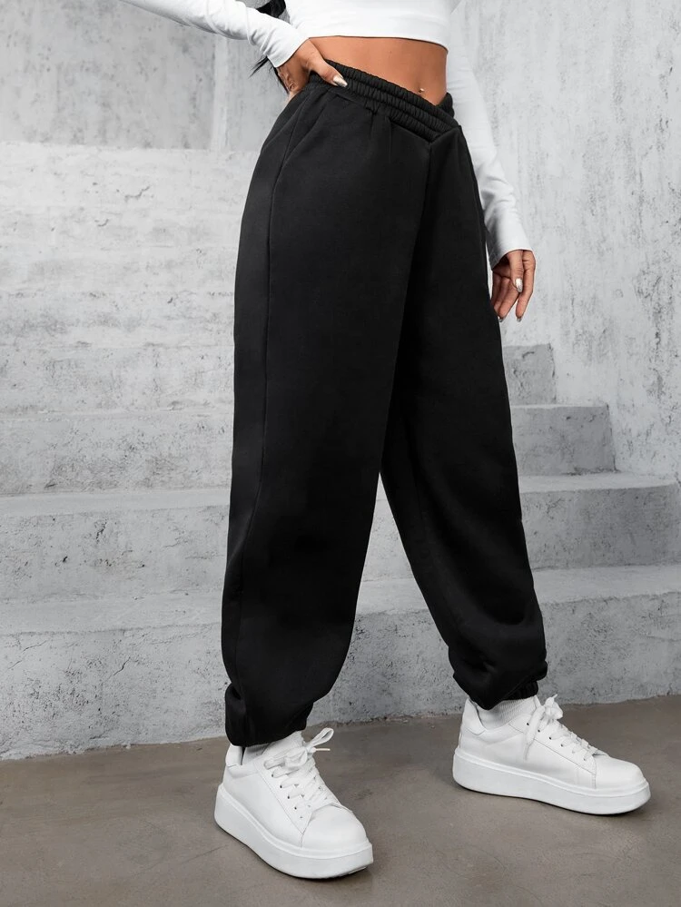 Women's Casual Baggy Solid V Crossover High Waisted Slant Pocket Thermal Lined Sweatpants Graduation,Back To School Outfits,Graduation,Teacher Outfits For Women,Back To School