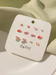 6對花和蝴蝶結設計耳釘 - 粉色 - 查看 2